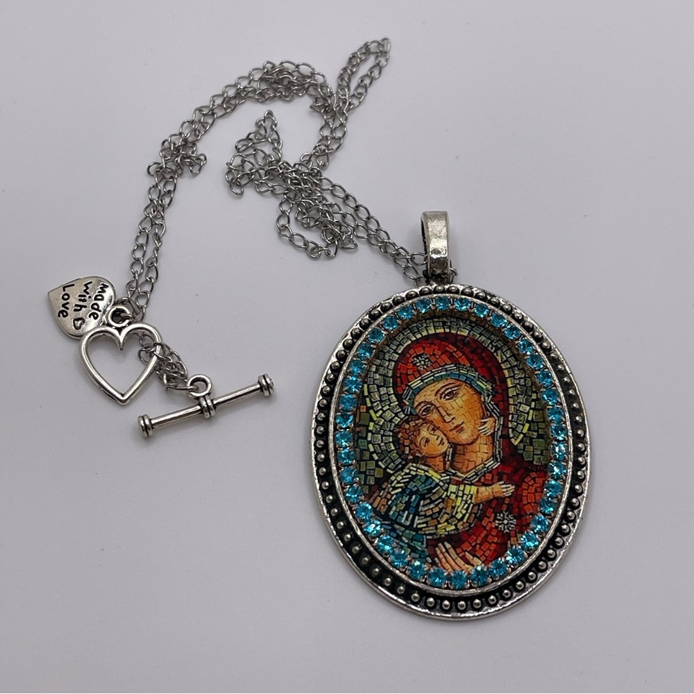 Catholic Mother Of Perpetual Help Rosary Necklace Faux Mosaic Rhinestone‎ Silver